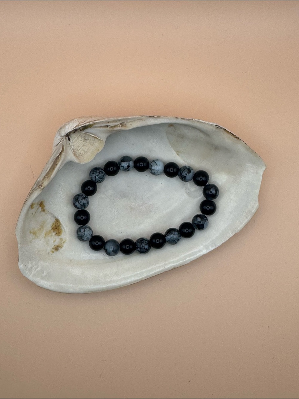 Black and Gray Snowflake Obsidian Beaded Stretch Bracelet